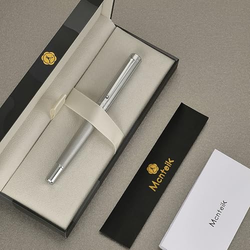 MCNTEIK Silver Rollerball Pen, Stunning Luxury Pen with Mesh Texture Design, Bright Silver Chrome Finish, Schmidt refill, Nice Gift Set for Men & Women, Executive, Office, Graduation, Fancy Pens - color: Silver