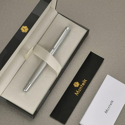 MCNTEIK Silver Rollerball Pen, Stunning Luxury Pen with Mesh Texture Design, Bright Silver Chrome Finish, Schmidt refill, Nice Gift Set for Men & Women, Executive, Office, Graduation, Fancy Pens - color: Silver