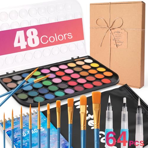 Watercolor Paint Set,48 Colors Watercolor Paint Gift Box 30Page Artist Paper-10 Brushes-Palette Travel Design Storage Bag,for Christmas Gifts Card Making,Artists Beginners,Kids Water Colors Paint Adult Set.