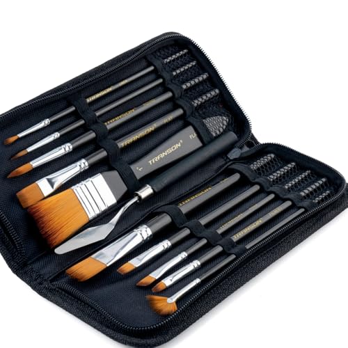 Transon Paint Brush Kit 10pcs Art Brushes and 1 Paint Spatula with Brush Case - color: Black