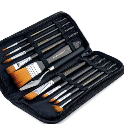 Transon Paint Brush Kit 10pcs Art Brushes and 1 Paint Spatula with Brush Case - color: Black
