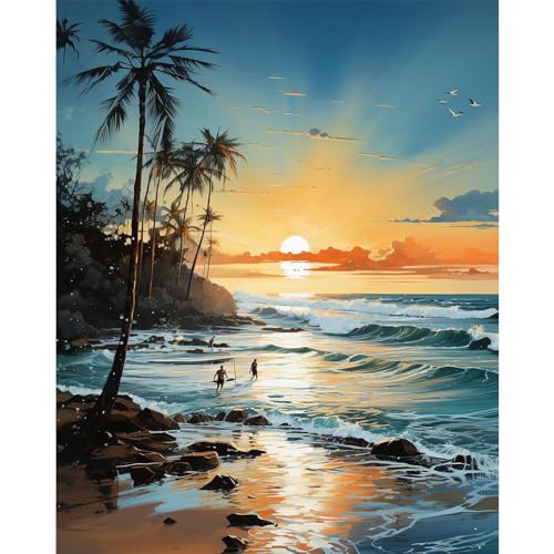 PRASIO Paint by Numbers Kit for Adults Beginner, Beach Paint by Number, DIY Acrylic Adult Paint by Number Kits on Canvas for Home Decor Gift 16x20 Inch - color: xm-op-02