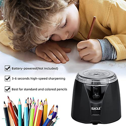 Eagle Electric Pencil Sharpener, Battery Powered, Large Shaving Holders, Carbon Steel Blades, Portable, Reusable and Replaceable Blade, Suitable for Kids, Home, School and Office use,Black - color: Black