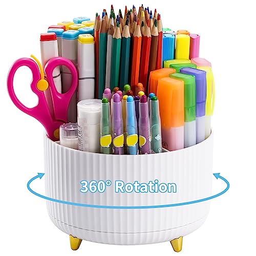Marbrasse Desk Organizer, 360-Degree Rotating Pen Holder, Desk Organizers and Accessories with 5 Compartments Pencil Holder, Art Supply Storage Box Caddy for Office, Home（White） - color: White