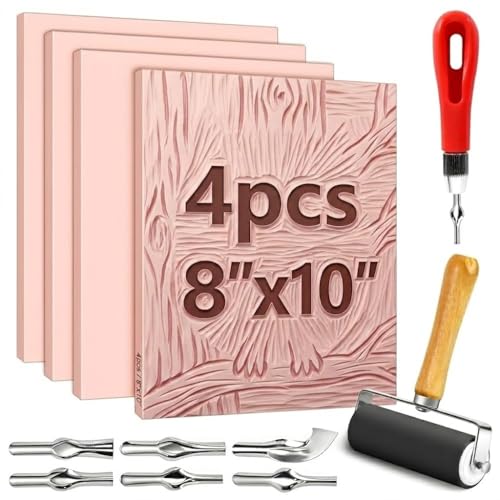 4 Pack Pink Rubber Stamp Carving Blocks, 8"x10" (0.6cm Thick) with Tools Kit, Soft Rubber Linoleum Block for Craft Project DIY Stamp Making Supplies for Artists, Beginners - size: 8"x10"