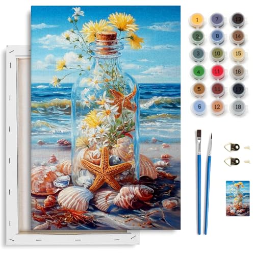Spandrel Framed Beach Paint by Numbers Kit for Adult Beginner, Drift Bottle Adult Paint by Number Kits on Canvas, DIY Acrylic Oil Easy Starfish Painting by Numbers for Home Wall Decor, 8x12In - color: Beach / Drift Bottle / Starfish / Seashells / Flowers