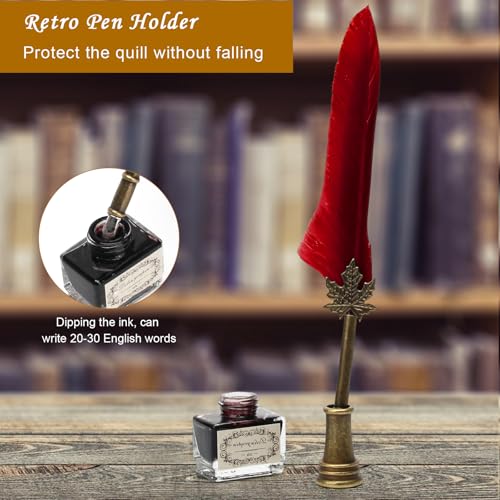 AHIER Quill Pen and Ink Set, Feather Pen Quill Pen Set Includes 5 Steel Replacement Nibs,Pen Nib Base and Dip Ink Bottle for Antique Calligraphy (Red) - color: Red