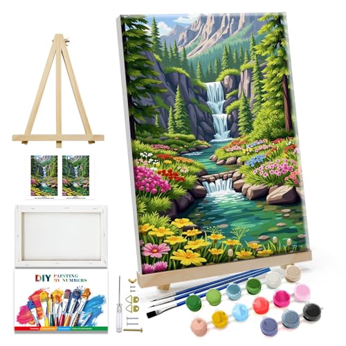 JOOZ Landscape Paint by Numbers Kit for Adults with Frame, 8x12 Inch - color: Mountain Waterfall 081