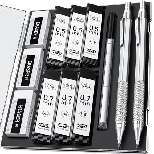 2PCS Metal Mechanical Pencil Set, 0.5mm+0.7mm, Storage Case, Silver - color: Silver