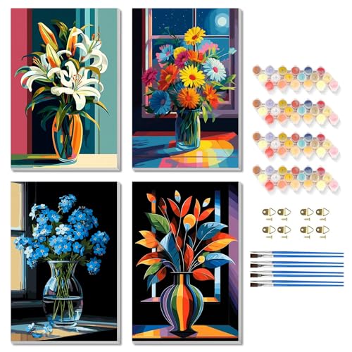 TBAIRO 4 Pack Framed Paint by Numbers Kit for Adults Beginner Flower DIY Painting Kits for Adults Floral Easy Adult Paint by Number Kits on Canvas for Wall Art Decor 8x12 Inch - color: Flower