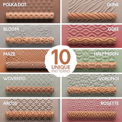 Byllstore Clay Texture Rollers | 10-Pack | 5 in x 0.65 in | Premium Wooden Pottery Tools | Set B - color: 10-Pack | 5" x 0.65" | SET B