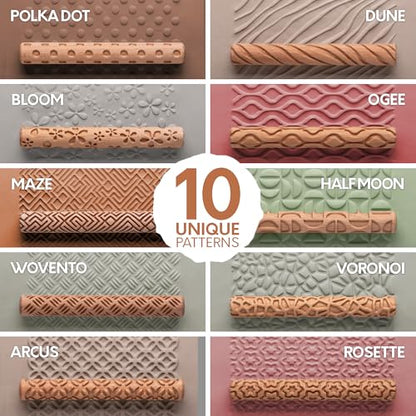 Byllstore Clay Texture Rollers | 10-Pack | 5 in x 0.65 in | Premium Wooden Pottery Tools | Set B - color: 10-Pack | 5" x 0.65" | SET B