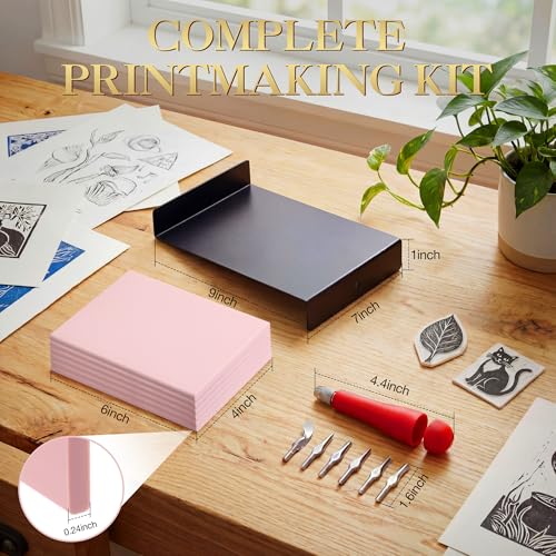 Linocut Kit with 6 Pcs Linoleum Blocks, Carving Tools and Inking Plate