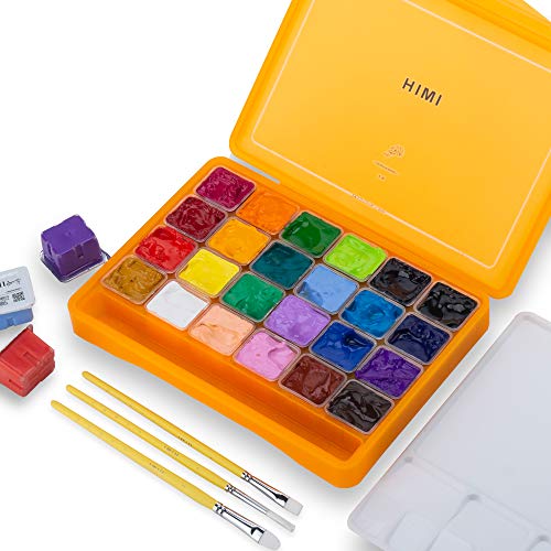 HIMI Gouache Paint Set, 24 Colors x 30ml/1oz with 3 Brushes & a Palette, Unique Jelly Cup Design, Non-Toxic, Guache Paint for Canvas Watercolor Paper - Perfect for Beginners, Students, Artists(Orange) | 3 brushes and palette, Opaque matte finish, smooth b