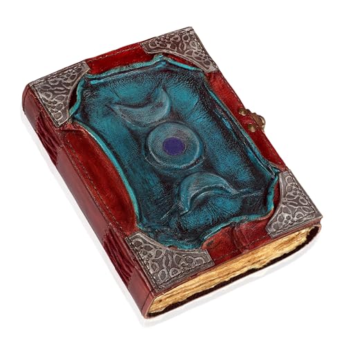 3 Moon Blue Lapis Embossed Vintage Leather Journal | 240 Pages of Antique Handmade Deckle Edge Vintage Paper, Leather Sketchbook, Embossed Drawing Journal (5x7 inch, Teal Blue) - color: Teal Blue, size: 5 inch by 7 inch