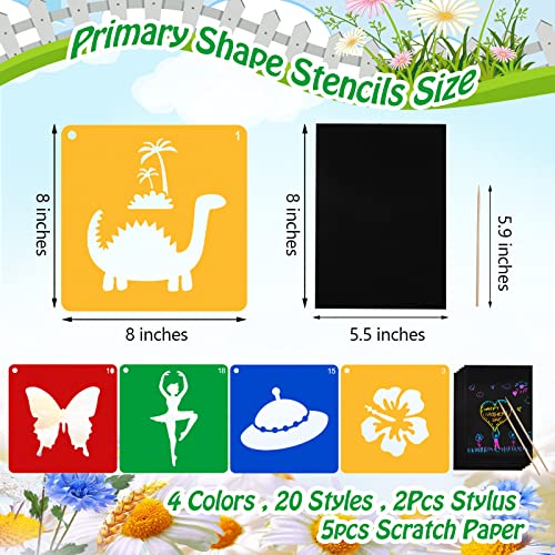 20 Pcs Stencils for Kids Stencil for Painting 8" Chalk Stencils Kids Style | Large Reusable Shape Template with 5 Pcs Scratch Paper, Sidewalk Chalk Stencil Ideal for Kids Outside Crafts Painting Drawing