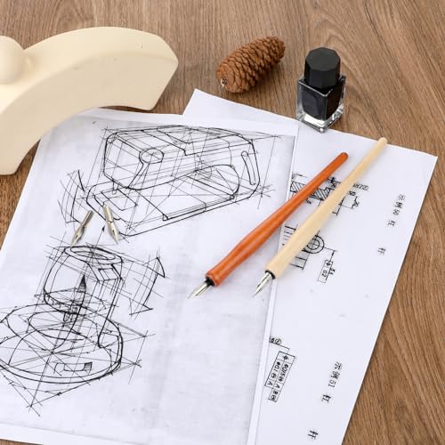 14pcs Oblique Calligraphy Nibs Pen Comic Pen Nibs Set Fluid Writer Pens | Wooden Drawing Pen Holder with 12 Pieces Stainless Steel Pen Replacement Nibs Nib for Writing, Signing, Painting, Sketch - color: brown+wood