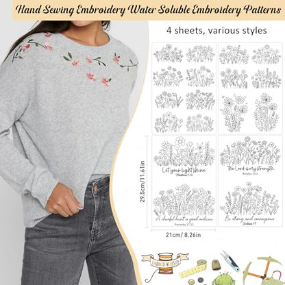 Water Soluble Stabilizer Embroidery Pattern - Bible Flower Stick & Stitch Embroidery Paper Wash Away, Wildflower Hand Sewing Patterns for T-Shirt Bag Towel (4 Sheets) - style: Flower974
