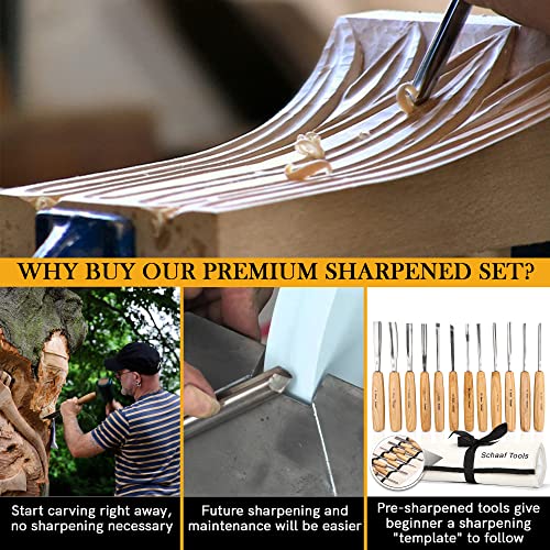 Schaaf Wood Carving Tools 12-pc Wood Chisel Set with Gouges, Hand Sharpened | Professionally sharpened carving chisels for beginners, sculpture and relief carving, ergonomic handles, tutorials included - color: Professionally Sharpened 12 Piece Set