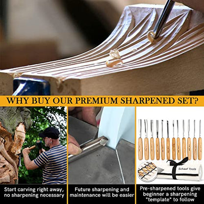 Schaaf Wood Carving Tools 12-pc Wood Chisel Set with Gouges, Hand Sharpened | Professionally sharpened carving chisels for beginners, sculpture and relief carving, ergonomic handles, tutorials included - color: Professionally Sharpened 12 Piece Set