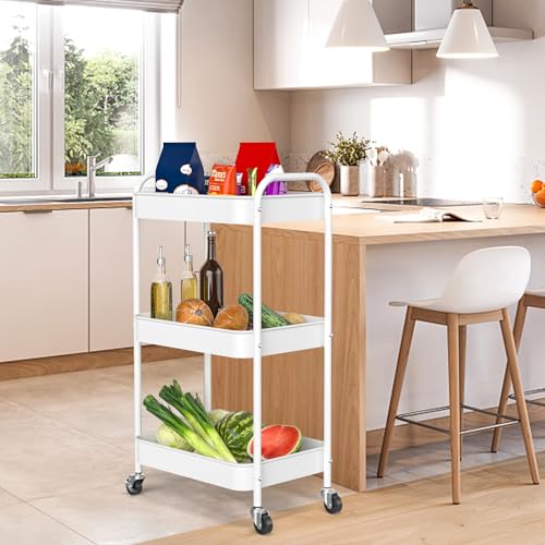 3-Tier Rolling Cart, Metal Utility Storage Carts with Wheels,White | Multi-Functional Organizer Snack Cart Easy Assembly - color: White