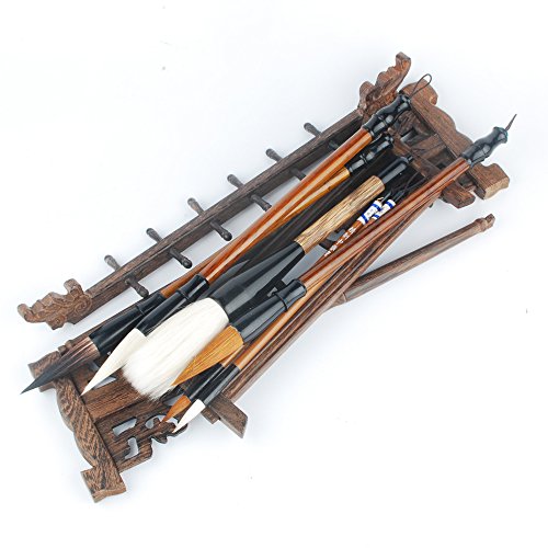 NWFashion Wood Carving Calligraphy Sumi Brush Hanger Calligraphy Rosewood Stand Shelf 12pins Chinese Brush Holder … (6 Brush+Holder) - color: 6 brush+holder