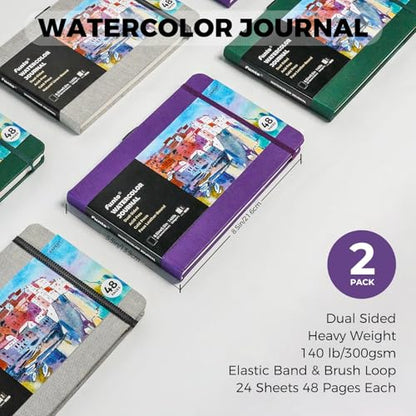 Funto Watercolor Journal, 8.5x5.5, 2 Pack, 48 Pages Each, Purple Leather Cover, Cold-Pressed, Inner Paper Pocket, Art Supplies for Mixed Media - color: Purple-Leather-8.5 x 5.5