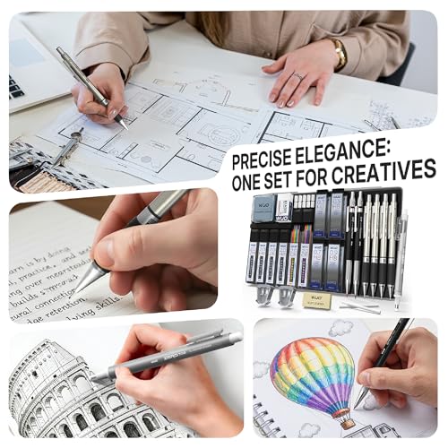WUO 38PCS Art Mechanical Pencil Set with Storage Case, Metal Drawing Pencil - color: Black+Silver2 - 4 Sizes + 2.0mm