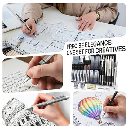WUO 38PCS Art Mechanical Pencil Set with Storage Case, Metal Drawing Pencil - color: Black+Silver2 - 4 Sizes + 2.0mm