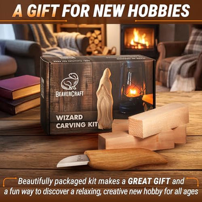 BeaverCraft Whittling Kit for Beginners, Wood Carving Kit for Beginners - Wood Carving Tools Woodworking Kit for Adults and Teens - Whittling Knife Kit with Wood Blocks - Wood Carving Set DIY03 Wizard