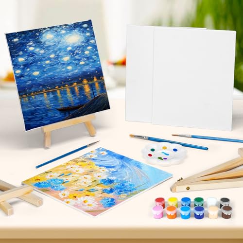 8 Pack 8 * 10In Canvas Boards for Painting, Art Canvas for Drawing with 16 Brushes & 8 Paint Trays & 16 Acrylic Paint, Mini Painting Canvas with Easel Set, Painting Kits for Adults Party - style: Pack of 8