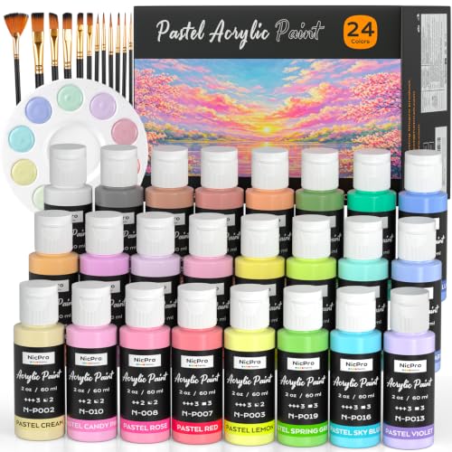Nicpro 24 Colors Pastel Acrylic Paint Set (2 oz) with 12 Brushes & Palette | Soft Pastel Acrylic Paint, Non Toxic Art Painting Supplies for Canvas, Rock, Wood, Fabric, Ceramic, Craft - color: 24 Colors, size: 2 Fl Oz (Pack of 24)