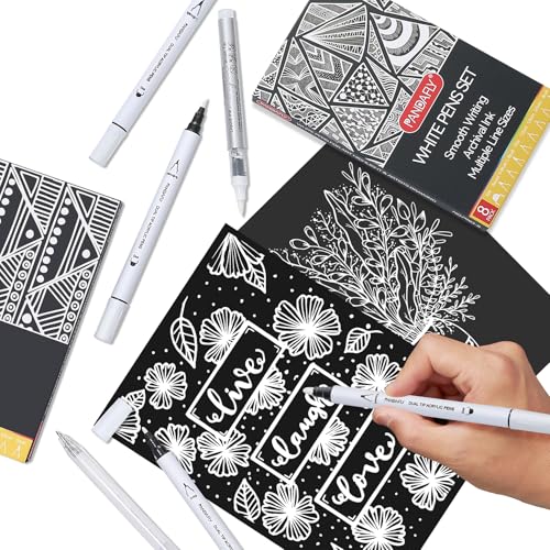 PANDAFLY 12 Pack White Pens Set, White Gel Pens, Dual-Tip Acrylic Paint Pen | Opaque Brush Tip Acrylic Markers for Black Paper Drawing, Sketching, Illustration & Card Making, Bullet Journaling