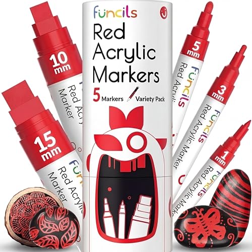 5 Red Paint Pens - Permanent Marker for Rock Painting, Wood, Tire | Fine & Jumbo Size Acrylic Ink Pens (1mm, 3mm, 6mm, 10mm, 15mm), Red Marker for Fabric, Metal, Canvas, Glass, Plastic, Ceramic - color: Red