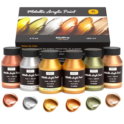 Nicpro Acrylic Paint Metallic, 6 Colors Gold, Silver, Copper, Brass, Bronze, DeepGold, 24oz/720ml Gold Leaf Paint, Non Toxic, Non Fading Paints for Art Painting, Handcrafts, Ideal for Multi-surface - color: Gold, Silver, Copper, Brass, Bronze, Deep Gold,