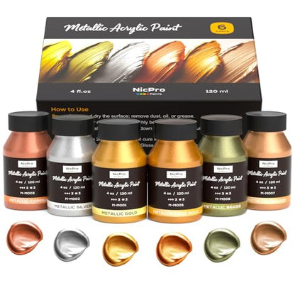 Nicpro Acrylic Paint Metallic, 6 Colors Gold, Silver, Copper, Brass, Bronze, DeepGold, 24oz/720ml Gold Leaf Paint, Non Toxic, Non Fading Paints for Art Painting, Handcrafts, Ideal for Multi-surface - color: Gold, Silver, Copper, Brass, Bronze, Deep Gold,