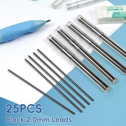Mechanical Pencils 2.0mm Ergonomic Grip 6Pack with 25 Leads & 2 Erasers | Mechanical Pencil Set for School Supplies Student Writing, Drafting Drawing Sketching, Cute Stationery Kit