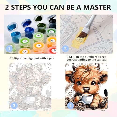Cow Paint by Numbers Kit for Kids with Frame Wooden Easel 8x8 inch - color: style-11