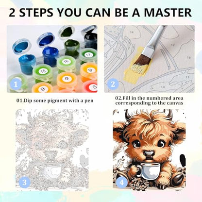 Cow Paint by Numbers Kit for Kids with Frame Wooden Easel 8x8 inch - color: style-11