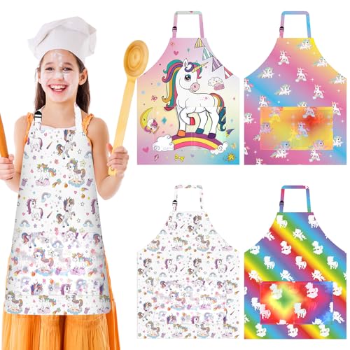 PLULON 4 Pcs Kids Aprons with Pockets Painting Apron for Kids, Colored Unicorn Apron Adjustable Strap for Painting Cooking Baking Girls Boys Paint Apron Unicorn Party Supplies, 3-8 Years - color: Colored Unicorn