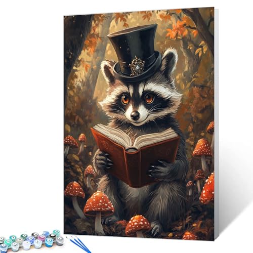 Raccoon Reading Book Paint by Numbers Kit for Adults Beginners on Canvas,Animals DIY Oil Painting Crafts Acrylic Mushrooms Paintwork Home Wall Decoration Gifts 16X20 Inch (Frameless) - color: Hat Animal-06, size: 16''x20''(Frameless)
