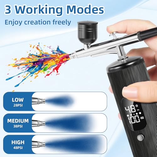 Airbrush Kit with Compressor, Cordless Airbrush for Nails | 6000mAh 48PSI High Pressure, 3-Speed Dual-Action, 0.2/0.3/0.5mm Nozzle & 3 Cups, Non-Clogging for Nails Cake Decor Makeup