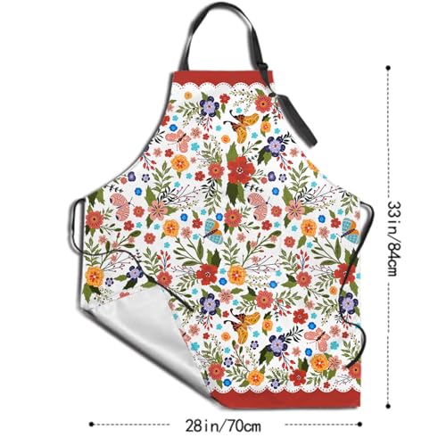 Funny Apron Polyester Grooming Aprons with Pocket for Cooking Kitchen Grilling Adults - color: Spring Flowers Red