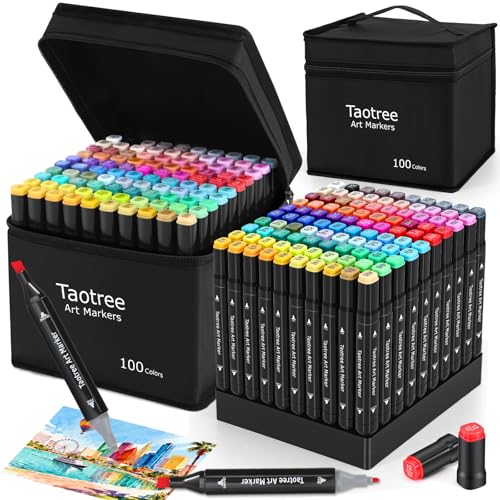 Taotree Alcohol Markers 100Colors with Case & Holders, Dual Tips Art Marker | Chisel & Fine Coloring Pens, Sketch Pens, Art Supplies for Adult Coloring Books Artist Coloring Painting, Drawing, Sketching - color: 100 Colors Black with Holder