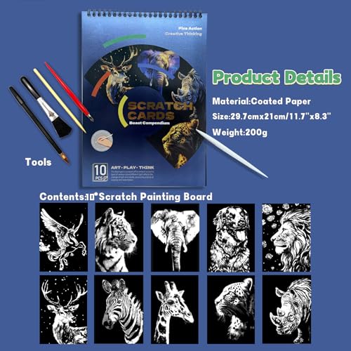 DESINIK Animals Scratch Art Painting Book for Adults-Colorful Animal Scratch Paper|Scratch Painting Paper Craft Kit|Creative Foil Engraving Scratch Art|Stress Relief Gift for Craft Lovers(10PCS) - color: Animals A4 -10PCS