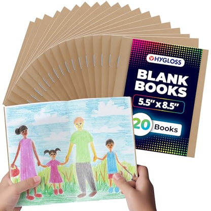 Hygloss Blank Books - Bulk 20 Pack – 5.5" x 8.5" A5 Kraft Paperback Blank Books for Kids to Write Stories, Doodle, Arts & Crafts – Plain Drawing Sketchbook, Unlined Journal, Notebook Without Lines - color: Kraft, style: 20 Books