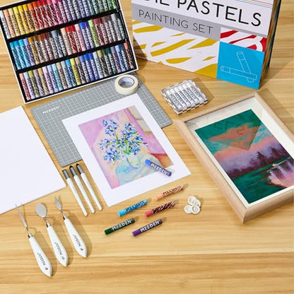 MEEDEN Soft Oil Pastels Set: 102Pcs Oil Pastel Kit with All-in-One Art Tool | Oil Pastel Crayons with 72 Colors & 6 White Pastel, Oil Paper, Palette Knife, Masking Tape, Art Supplies for Artists Adults