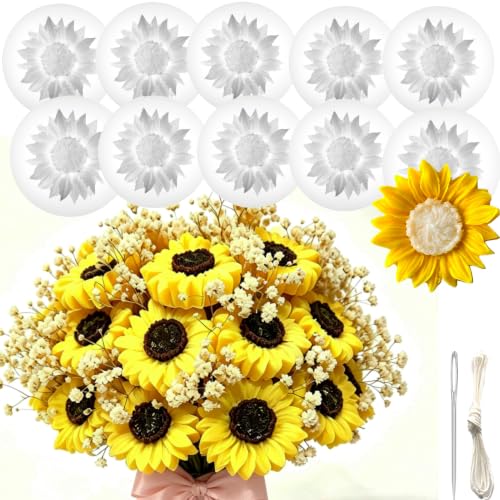 10 Pack Sun Flower Silicone Mold with Large-Eye Wicking Needle,Candlewick Soap Flowers Mold for DIY Tealight Candles Soaps Wax Epoxy Resin Concrete - color: 10PCS-SUNFLOWER