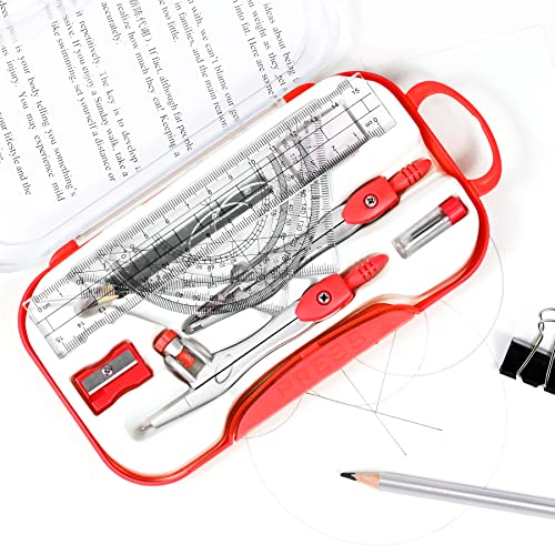 Vobou 10 pcs Math Geometry Set Student Supplies,Compass Kit Set (Red） | Shatterproof Storage Box,Rulers,Protractor,Compass,Eraser,Pencil Sharpener,Lead Refills,Pencil,for School and Drawing - color: Red1