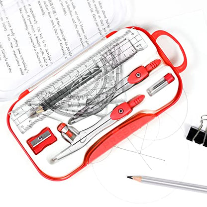 Vobou 10 pcs Math Geometry Set Student Supplies,Compass Kit Set (Red） | Shatterproof Storage Box,Rulers,Protractor,Compass,Eraser,Pencil Sharpener,Lead Refills,Pencil,for School and Drawing - color: Red1